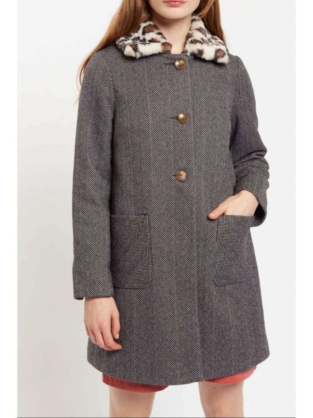 NWT Louche Dryden Herringbone Faux Fur Leopard Collar Coat Sz 4 $320